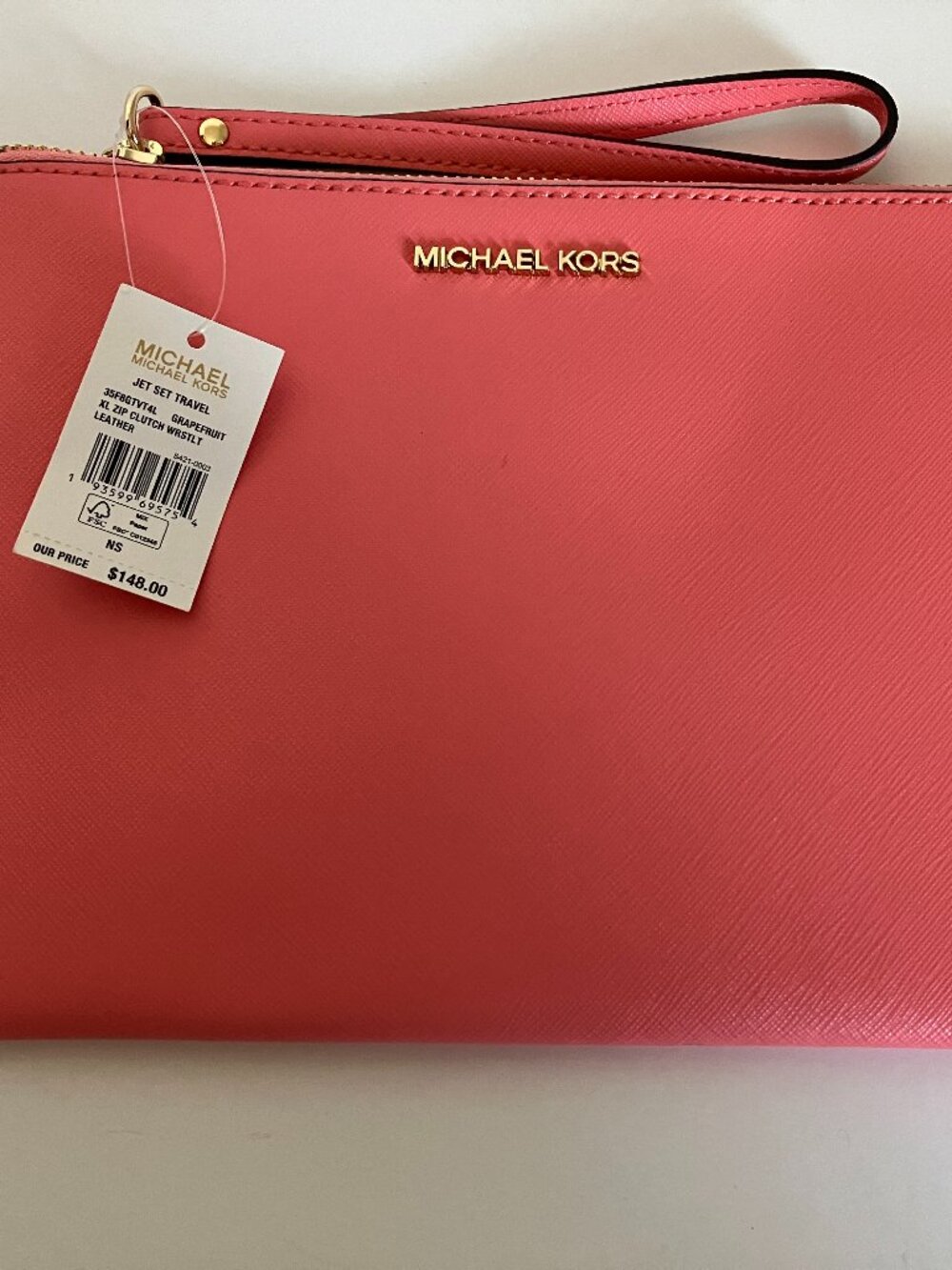 Michael Kors Jet Set Travel Zip Clutch Wristlet Leather Luggage Grapefruit New